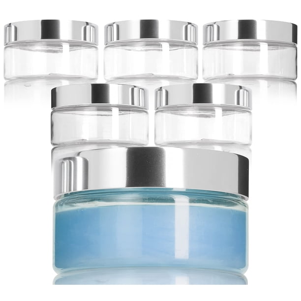 6 Pack 2 Oz Clear PET Plastic Jars With Silver Lids – BPA Free, Low Profile, Includes Spatulas & Labels