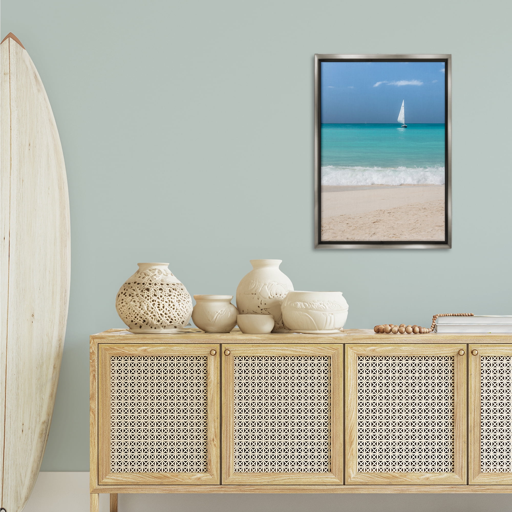 Stupell Industries Lone Sailboat Beach Tide Nautical & Beach Photography Gray Floater Framed Canvas Art Print Wall Art, 21 x 31