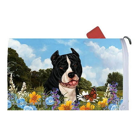 American Pit Bull Black/White - Best of Breed Summer Flowers Dog Breed Mail Box