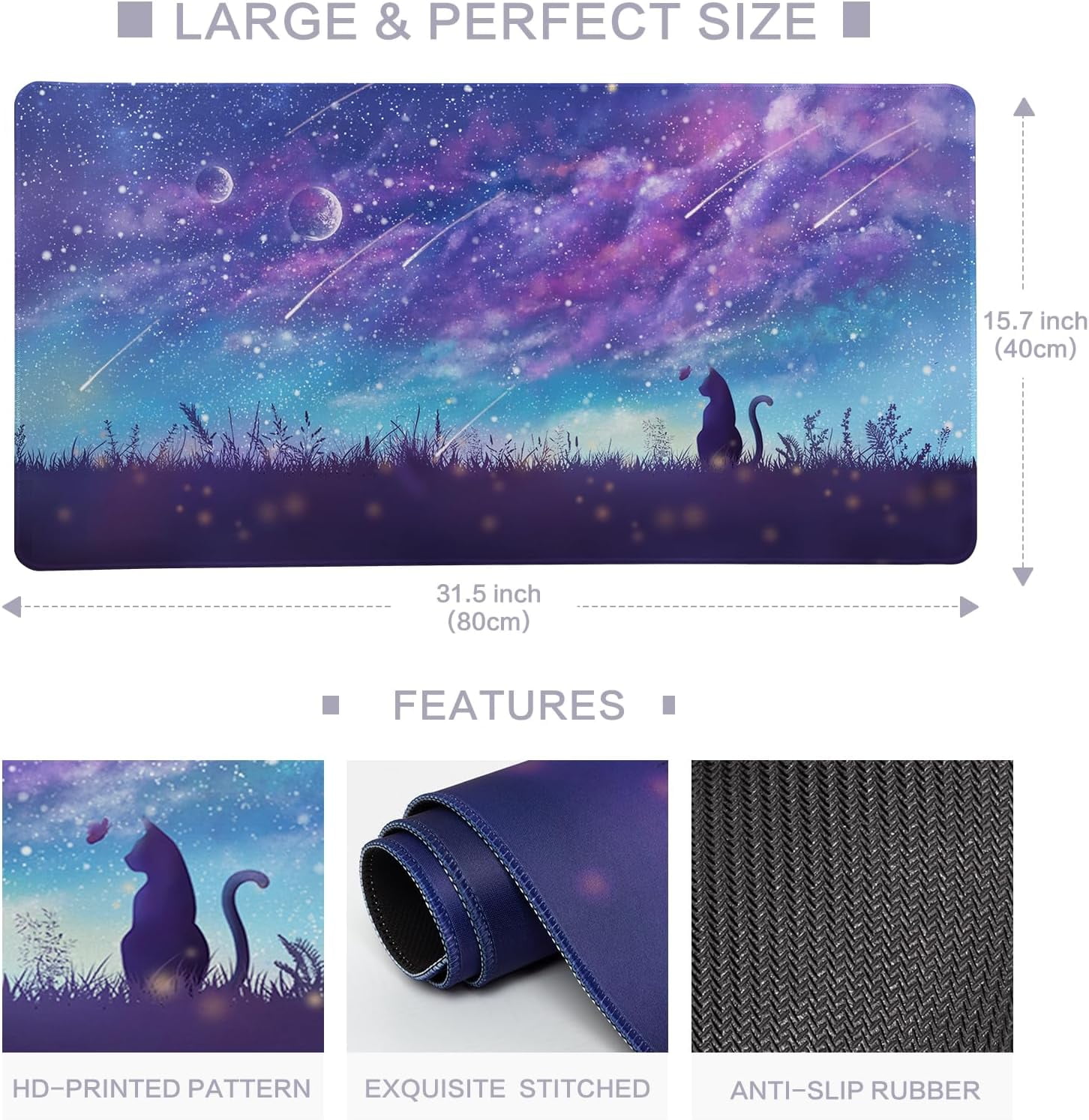 Gaming Mouse Pad, Large Mouse Pad for Desk, Desk Mat Extended Mousepad, Cute Purple DeskPad with Non-Slip Rubber Base, Computer Mats for Desktop Home Office (31.5"x15.7", Cat)