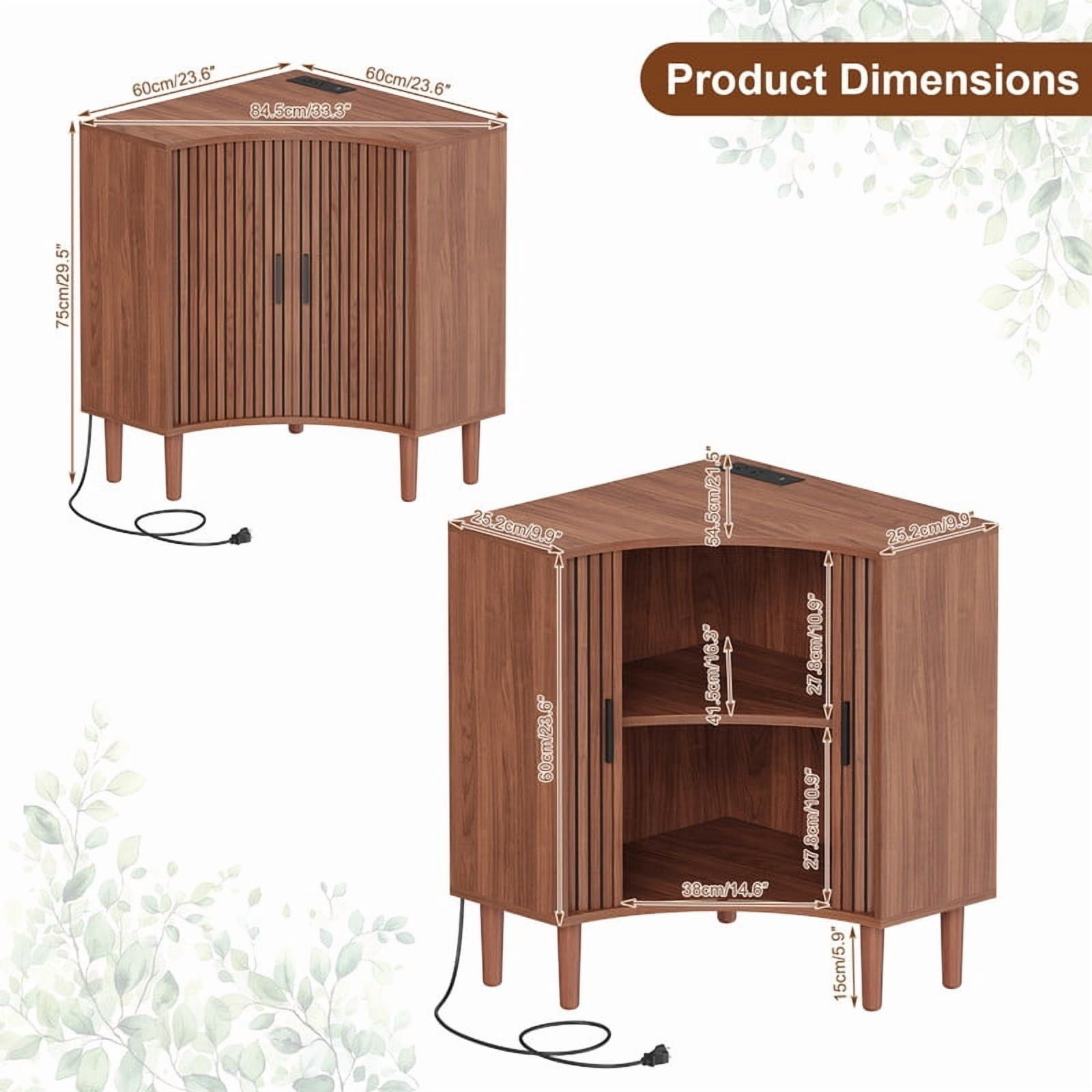 Fluted Corner Cabinet with Charging Station, Small Corner Floor Cabinet with Sliding Doors, Modern Wooden Freestanding Narrow Storage Organizer for Living Room, Small Space,Dining Room, Bathroom