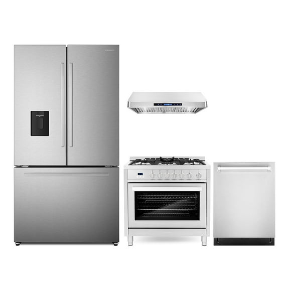 4 Piece Kitchen Package with 36" Freestanding Gas Range 36" Under Cabinet Range Hood 24" Built-in Fully Integrated Dishwasher & French Door Refrigerator
