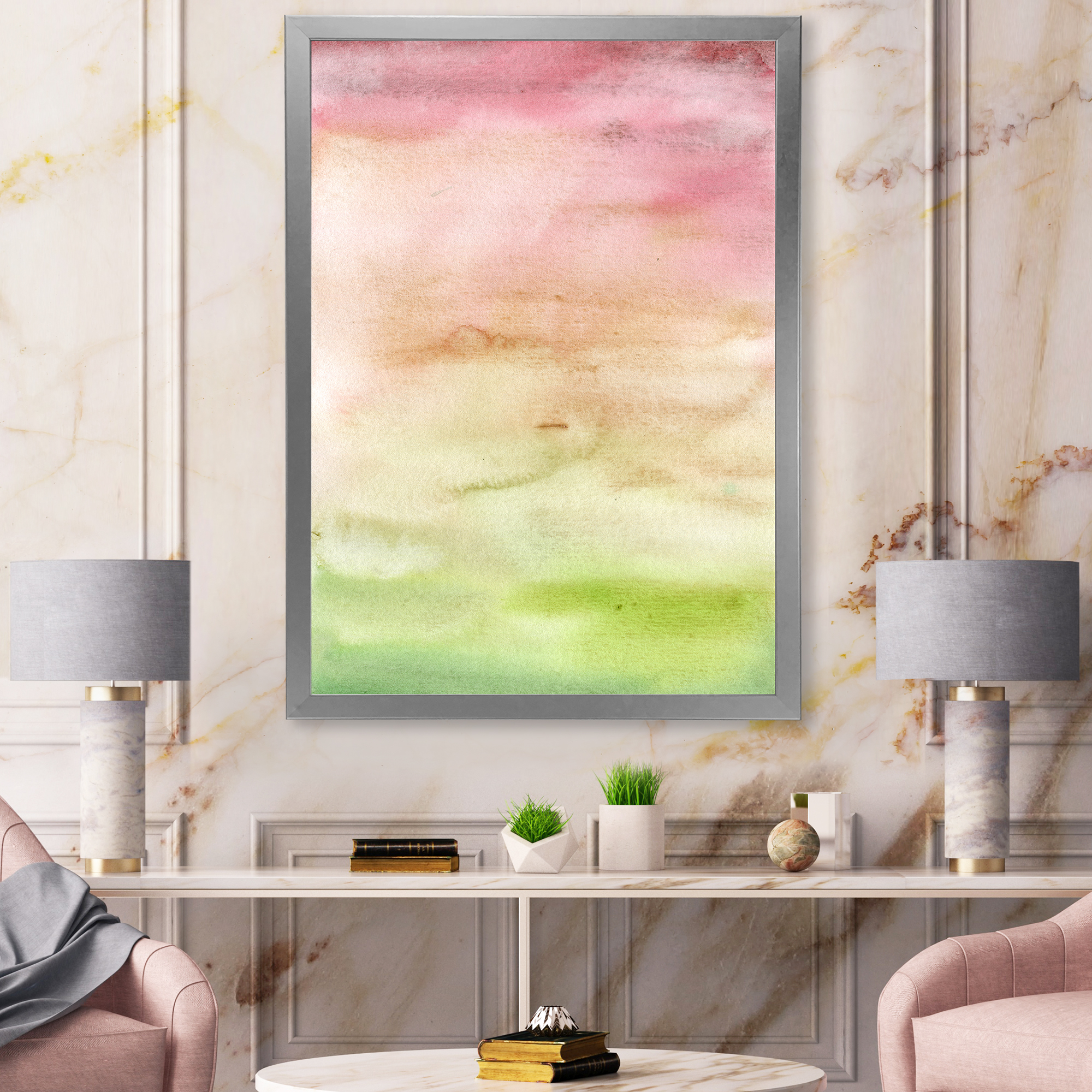 Designart 'Abstract Sunset With Pink Green and Beige' Modern Framed Art Print