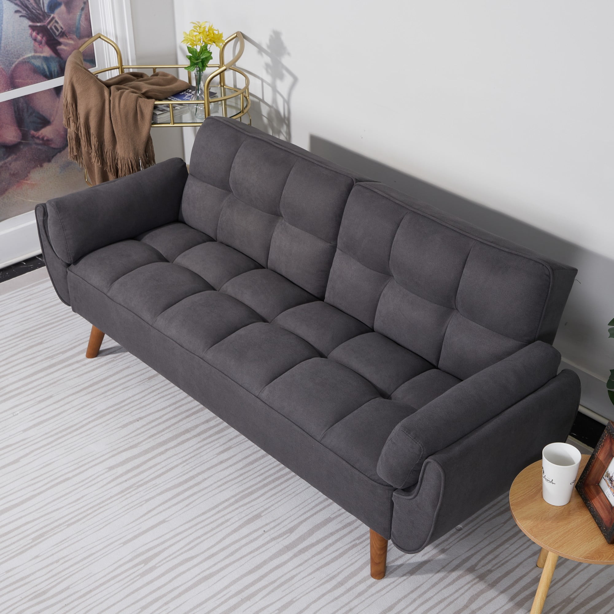 Gewnee Mid-Century Modern Dark Gray Sofa - Solid Eucalyptus Wood Frame, 500 lbs Capacity, S-Shaped Springs for Apartments, Living Rooms, Studies