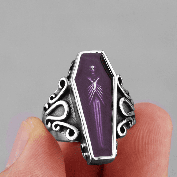 Vampire Coffin Ghost 14K White Gold Mens Rings Gothic Punk Unique Cool for Male Boyfriend Jewelry Creativity Gift