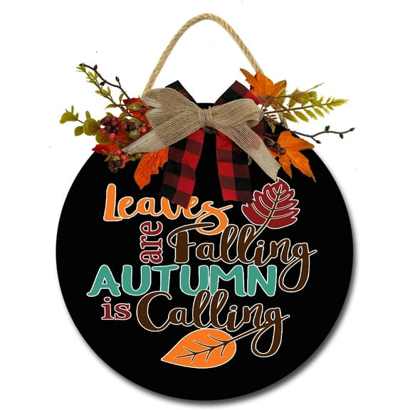 Eveokoki 12" Leaves Falling Autumn Is Calling Wooden Door Sign, Welcome Front Door Plaque Hanger Home Decoration for Farmhouse Office Coffee Shop,Hanging Sign Board with Hanging String