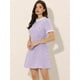 thumbnail image 2 of Vestido de manga corta vintage de color con panel de contraste y cuello con volantes para mujer Morado S, 2 of 5