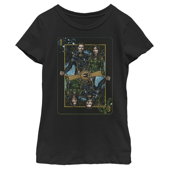 Girl's Marvel Eternals Ikaris and Sersi Playing Card Graphic Tee Black Large