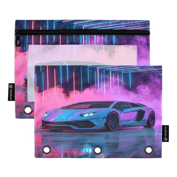 2 Pack 3 Ring Binder Pouch with Clear PVC Window Water Resistant Zipper Pencil Pouch Blue-purple Sports Car Binder Pocket for Classroom Office Home Stationery Organization