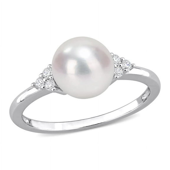 AMOUR 7.5-8mm Freshwater Cultured Pearl and 1/10 CT TGW White Cubic Zirconia Ring In Sterling Silver
