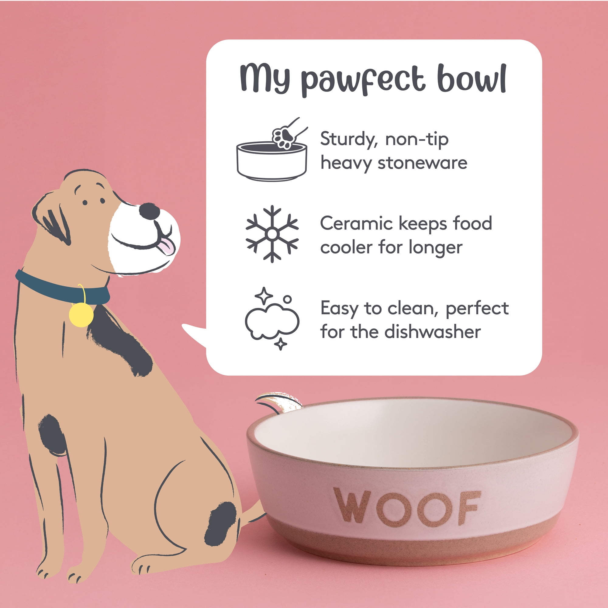 Mason Cash: Woof Dog Bowl - 5.9", 18.6oz - Cream & Tan - Durable Ceramic Food & Water Dish, Microwave & Dishwasher Safe, Pet Meal Feeding & Hydration