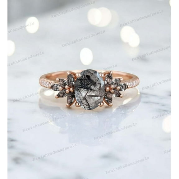 KANISHKAGEMS&JEWELS 2 Ct 8x6 mm / Oval Cut Rutile Quartz Promise Ring CZ Diamond Cluster Proposal Jewelry Rose Gold Plated Gift Ring