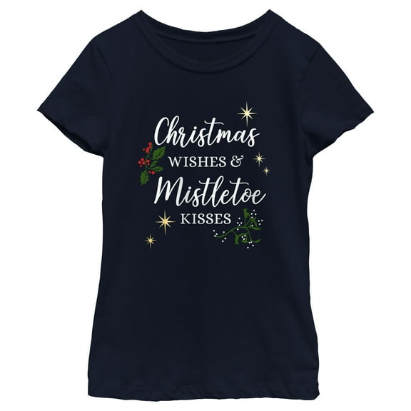 Girl's Lost Gods Christmas Wishes and Mistletoe Kisses  Graphic Tee Navy Blue Medium