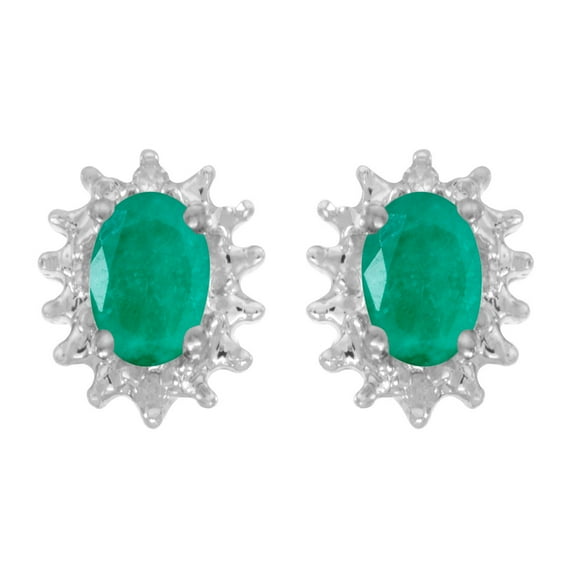 14k White Gold Oval Emerald And Diamond Earrings