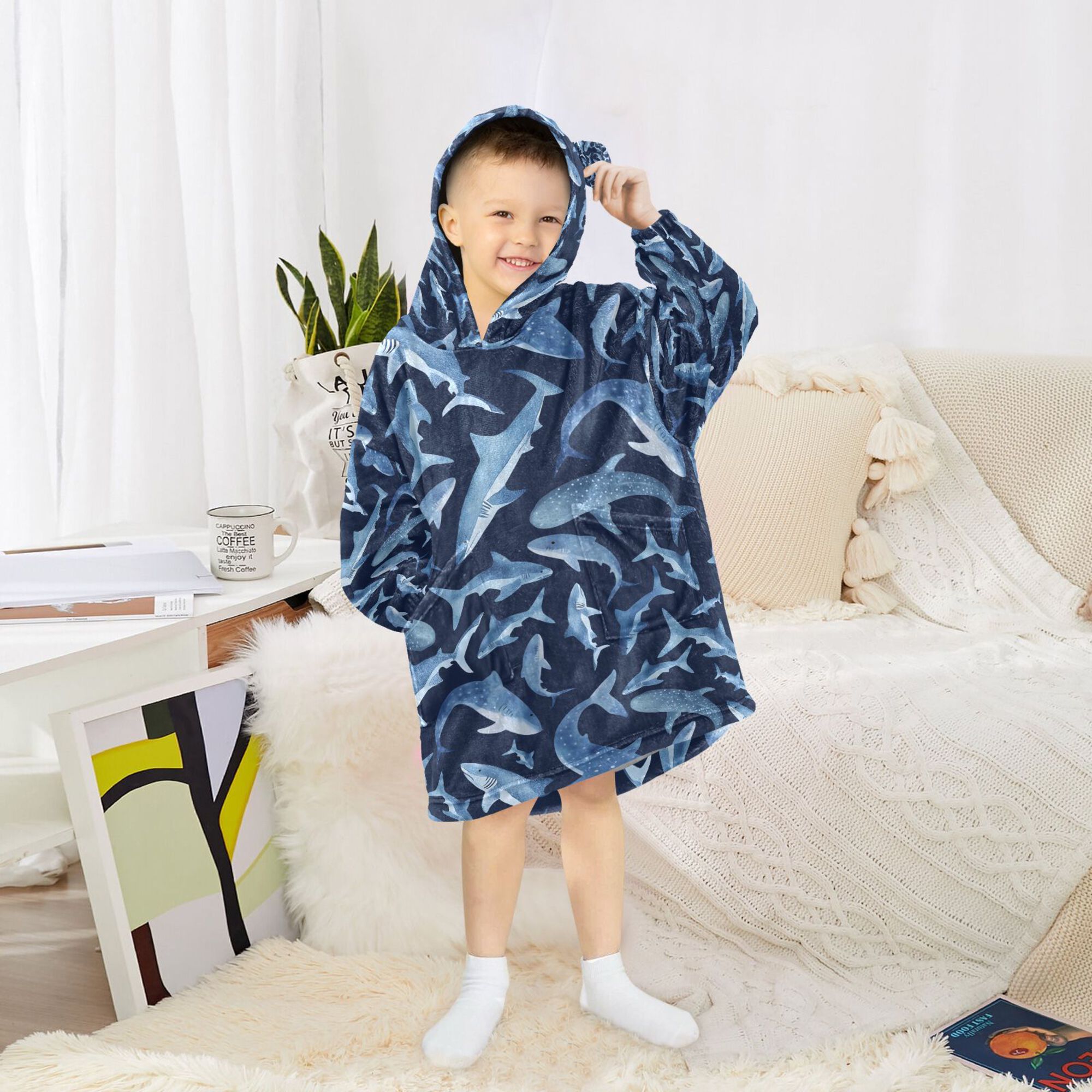 FORMRS Wearable Blanket Hoodie with Sleeves for Kids Cozy Flannel Sweatshirt, Watercolor Shark Pattern