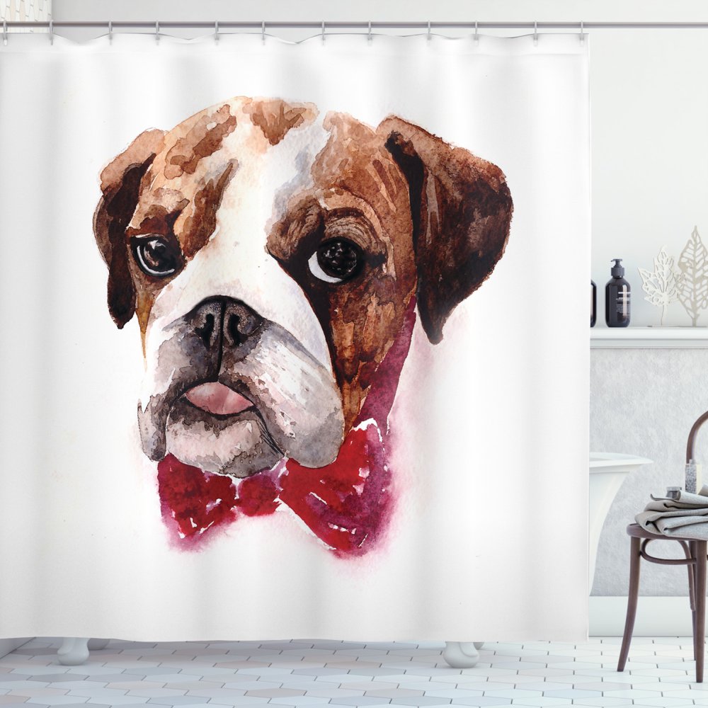 English Bulldog Shower Curtain, Watercolor Dog Portrait with a Bow Tie