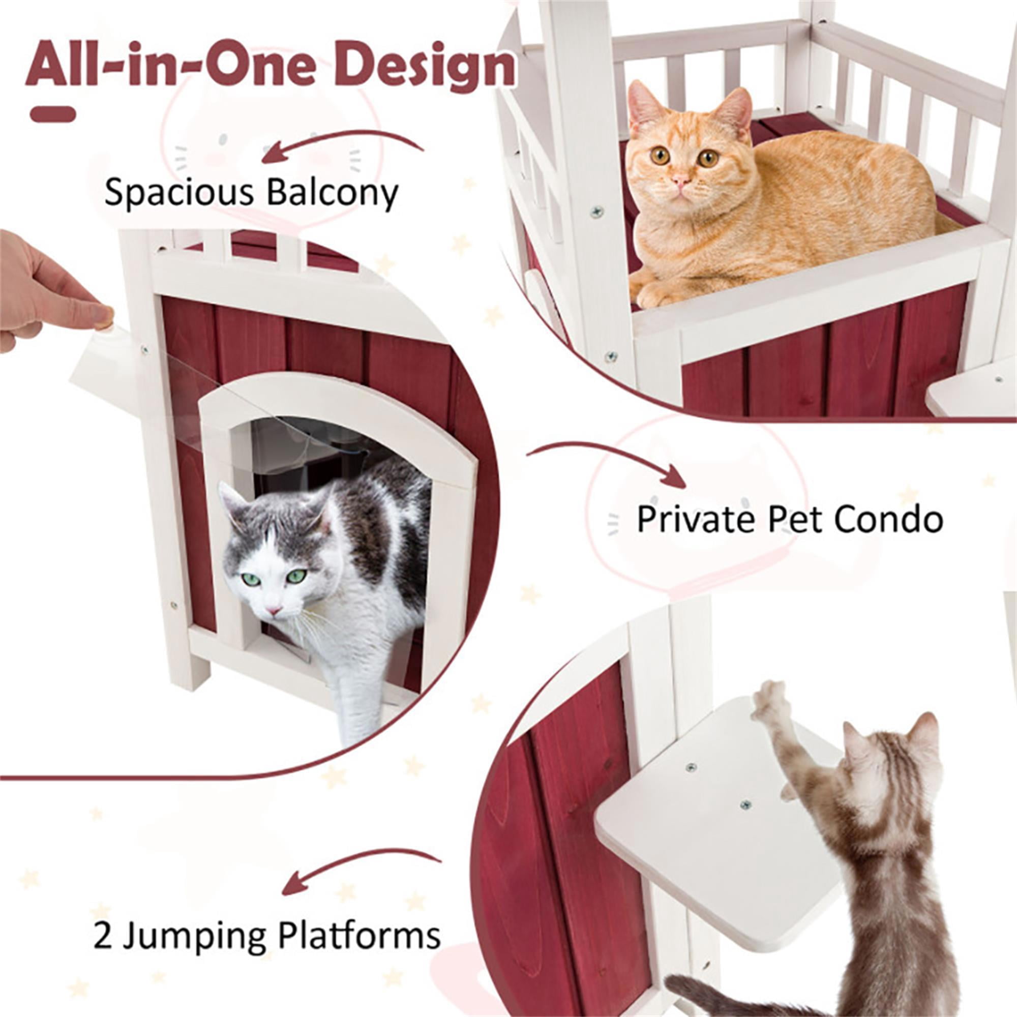 Pefilos 34" Wooden Pet Cat House for Outdoor and Indoor, Feral Cat Shelter with Jumping Platforms, Red