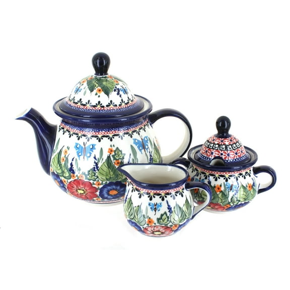 Blue Rose Polish Pottery Floral Butterfly Three Piece Tea Set