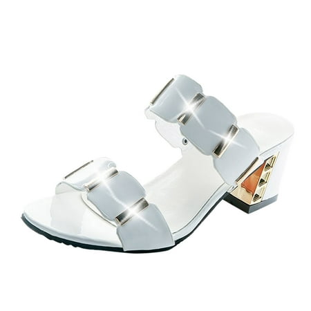 

Women s Summer Fashion Plus Size Mid-Heel Chunky Heel Fish Mouth Sandals Pu Middle Heels for Women White