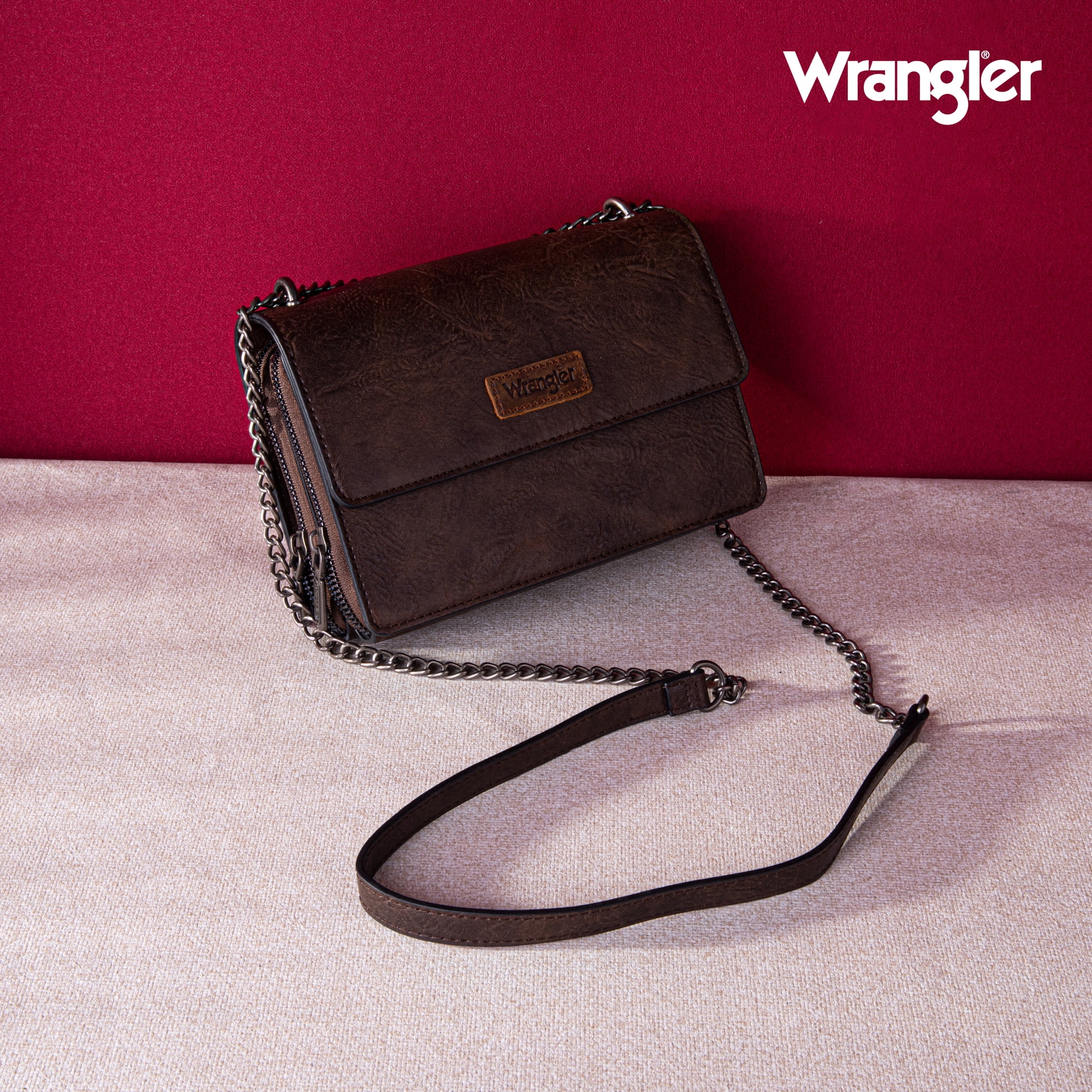 Wrangler Flap CrossBody Purse for Women Small Shoulder Bag with Chain Strap, Coffee