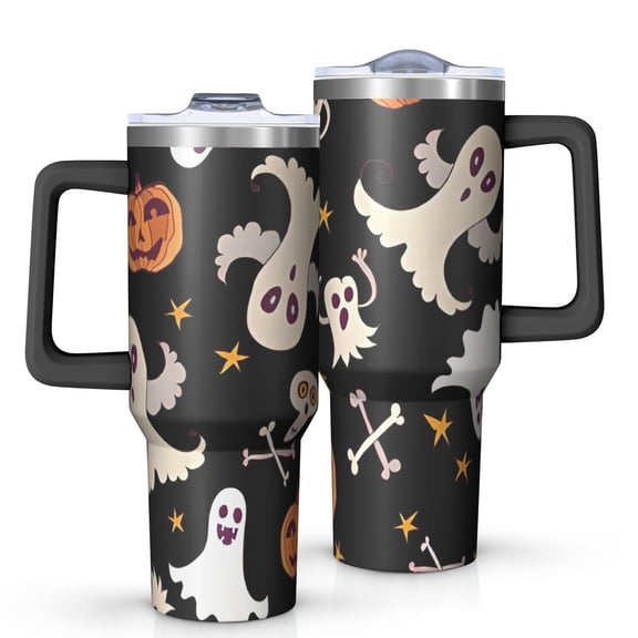 Playful Halloween Ghosts Pattern Tumbler with Handle and Lid,40oz Double Wall Vacuum Insulated Tumbler,Cups Gift for Women and Men