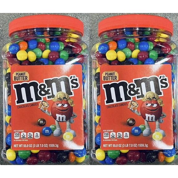 2 PACK M&M Peanut Butter 55 Oz Ounce Chocolate Candy Bulk Tubs Jar M&M's - NO CA