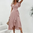 thumbnail image 4 of Womens Summer Dresses, Wedding Guest Floral Chiffon Short Sleeve Ruffle V Neck Tie Tunic Flowy Maxi Beach Dress Comfortable Shoes Women Maxi Dresses For 2025 Dresses Midi (S, Pink) ZMTing, 4 of 5
