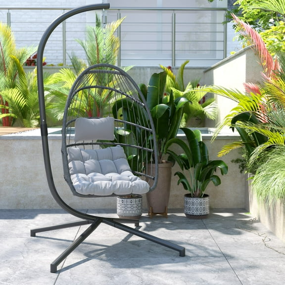 Merrick Lane Foldable Woven Hanging Egg Chair in Gray with Removable Gray Cushions and Stand for Indoor and Outdoor Use