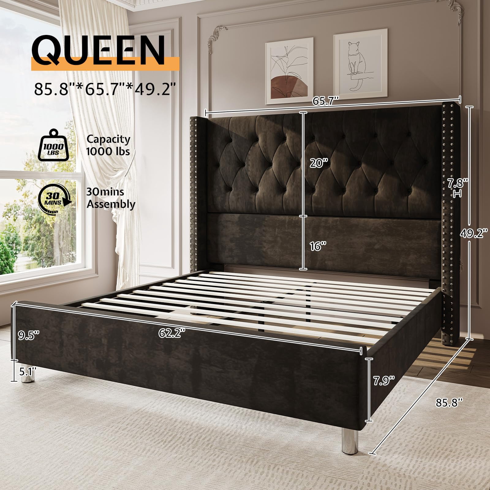 VanAcc Queen Size Bed Frame,Upholstered Velvet Low Profile Platform with Raised Wingback Headboard,Black