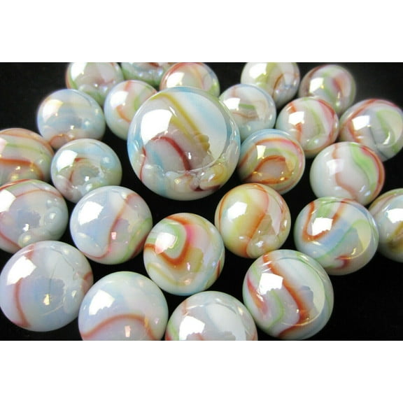 Big Game Toys~25 Glass Marbles Unicorn Opalescent White/Blue/Red/Green/Yellow Swirl Classic Style Game Pack (24 Player, 1 Shooter) Decor/Vase Filler/Aquarium