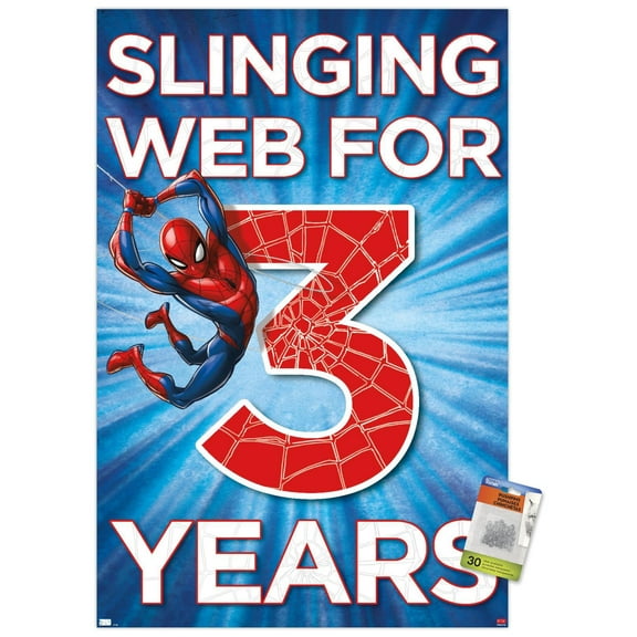 Marvel Spider-Man - Happy 3rd Birthday Wall Poster with Pushpins, 22.375" x 34"