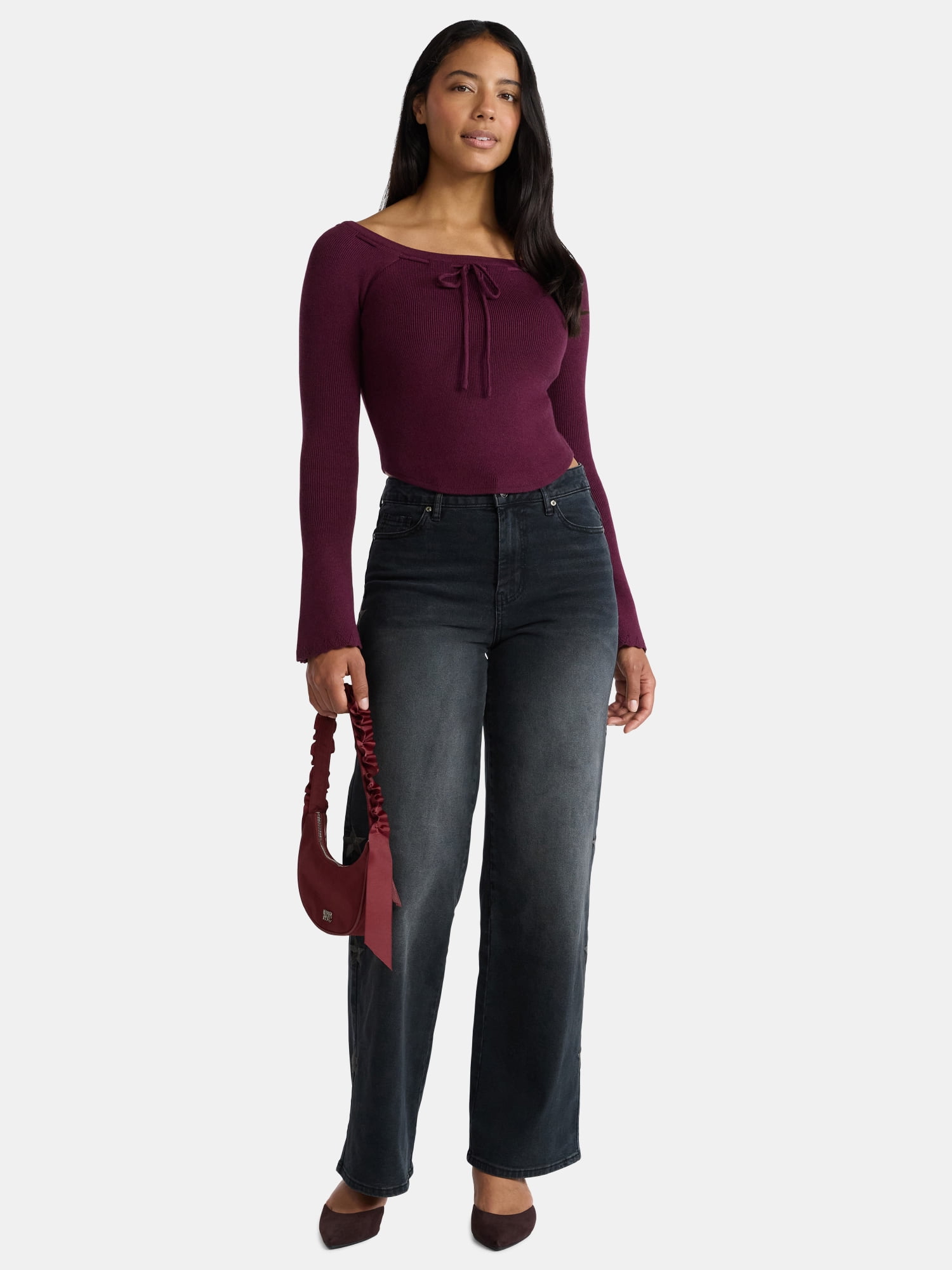 Madden NYC Women's Ribbon Top with Long Sleeves, Sizes XXS