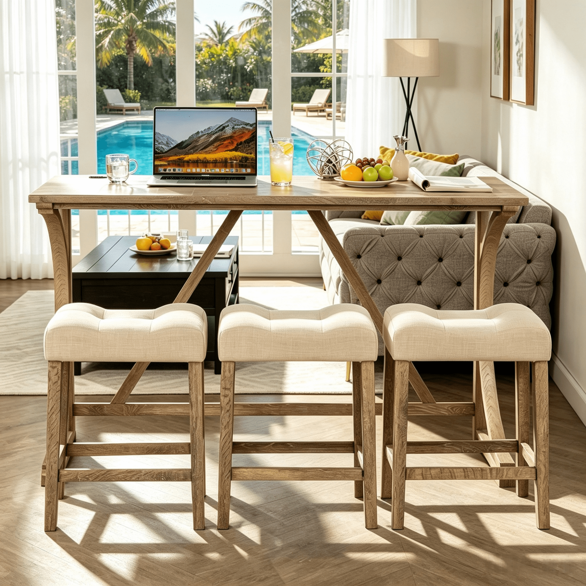 Gewnee 4 Piece Bar Table Set,Counter High Bar Table Set with Power Outlet and 3 Linen Chairs,Industrial Breakfast Table for Kitchen,Living Room.Brown