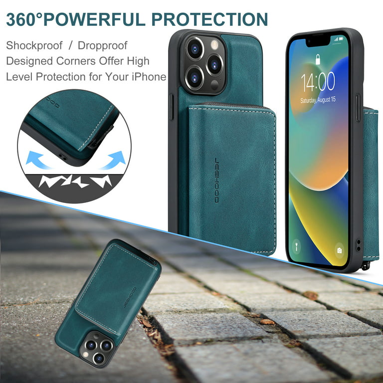 Allytech for iPhone 14 Pro Max Case 2022, Vegan PU Leather Anti-Scratch Magnetic Detachable Wallet Zipper Purse Stand Case with Card Slots for iPhone