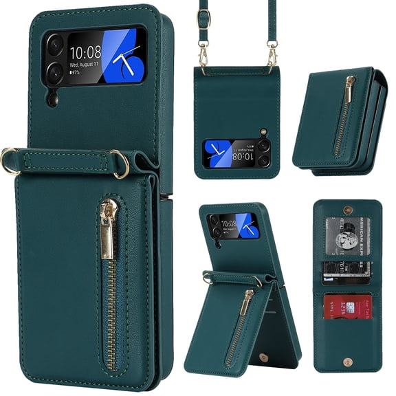 Allytechgroup Wallet Case for Samsung Galaxy Z Flip 4 with Crossbody Strap, Premium PU Leather Zipper Pocket Shockproof Cards Holder Phone Case for Women Girls, Darkgreen