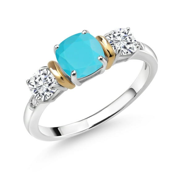 Gem Stone King 925 Silver and 10K Yellow Gold 3-Stone Diamond Ring Cushion Green Turquoise and Moissanite (1.56 Cttw, Size 5)