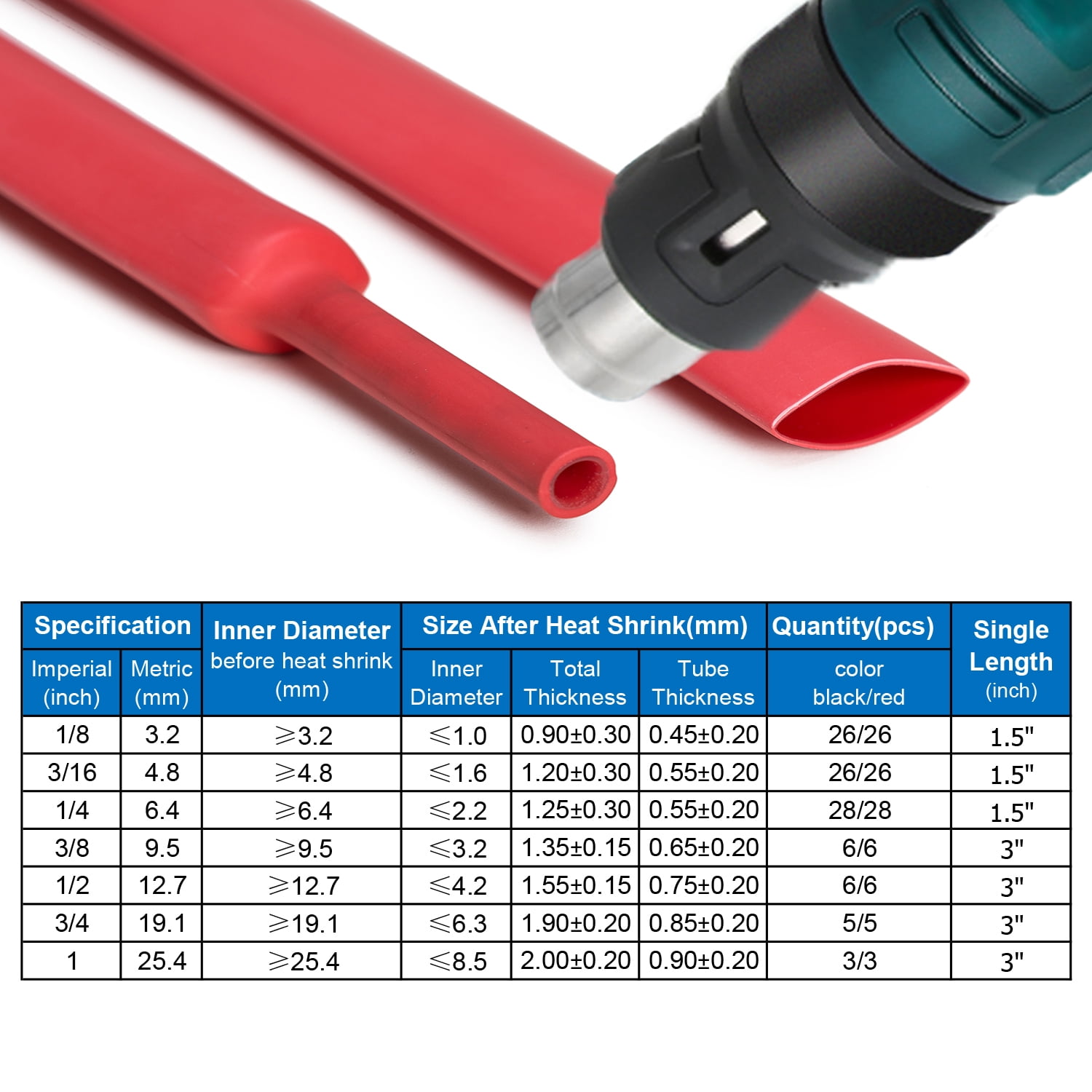 200PCS 3:1 Heat Shrink Tubing Dual-wall Adhesive Lined Tube 7 Sizes 1" 3/4" 1/2" 3/8" 1/4" 3/16" 1/8" for Electronic Electrical Cables Battery Terminal Connectors Wire Lugs Daily Repair