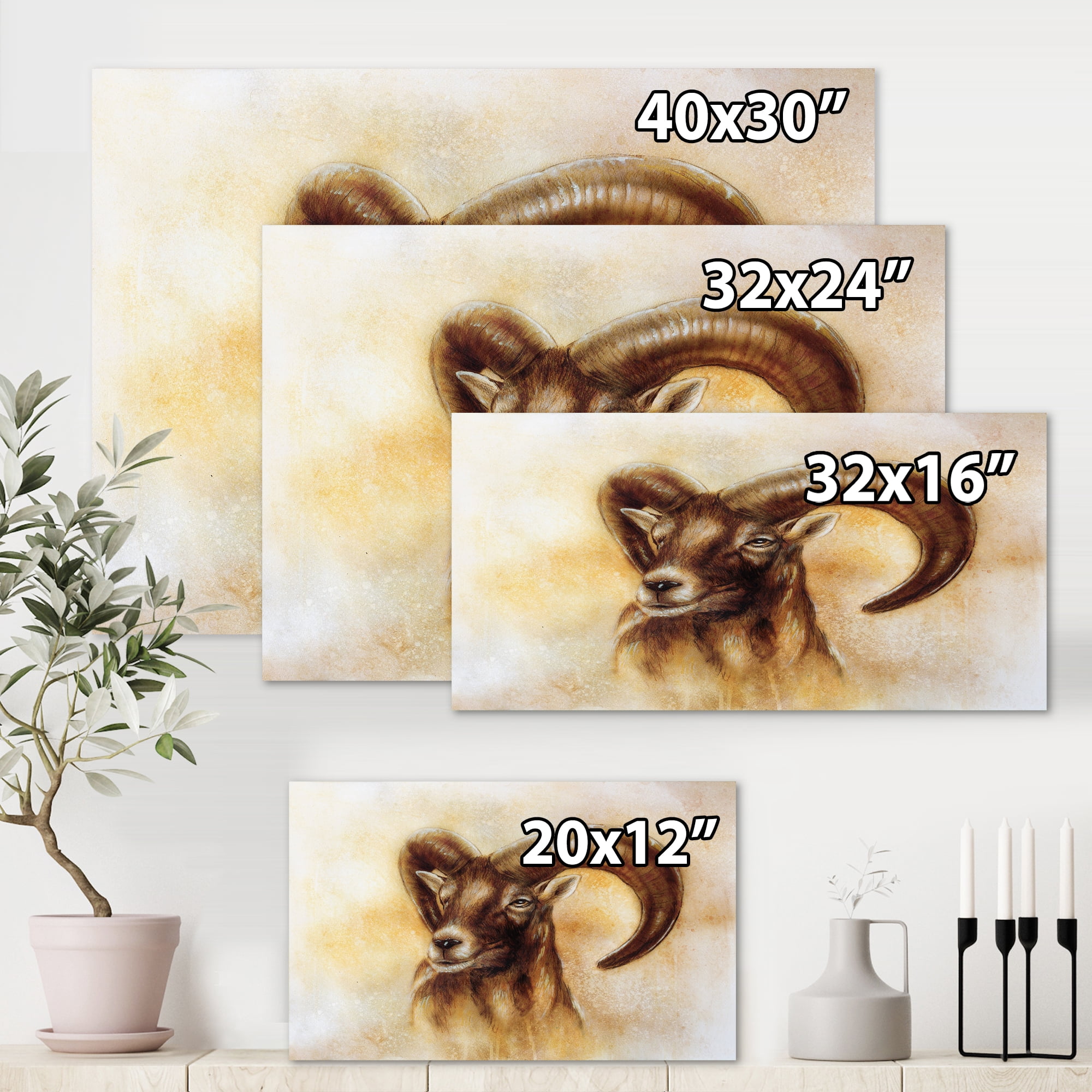 Designart ' Abstract Portrait of Wild Ram With Mighty Horns I ' Modern Canvas Wall Art Print