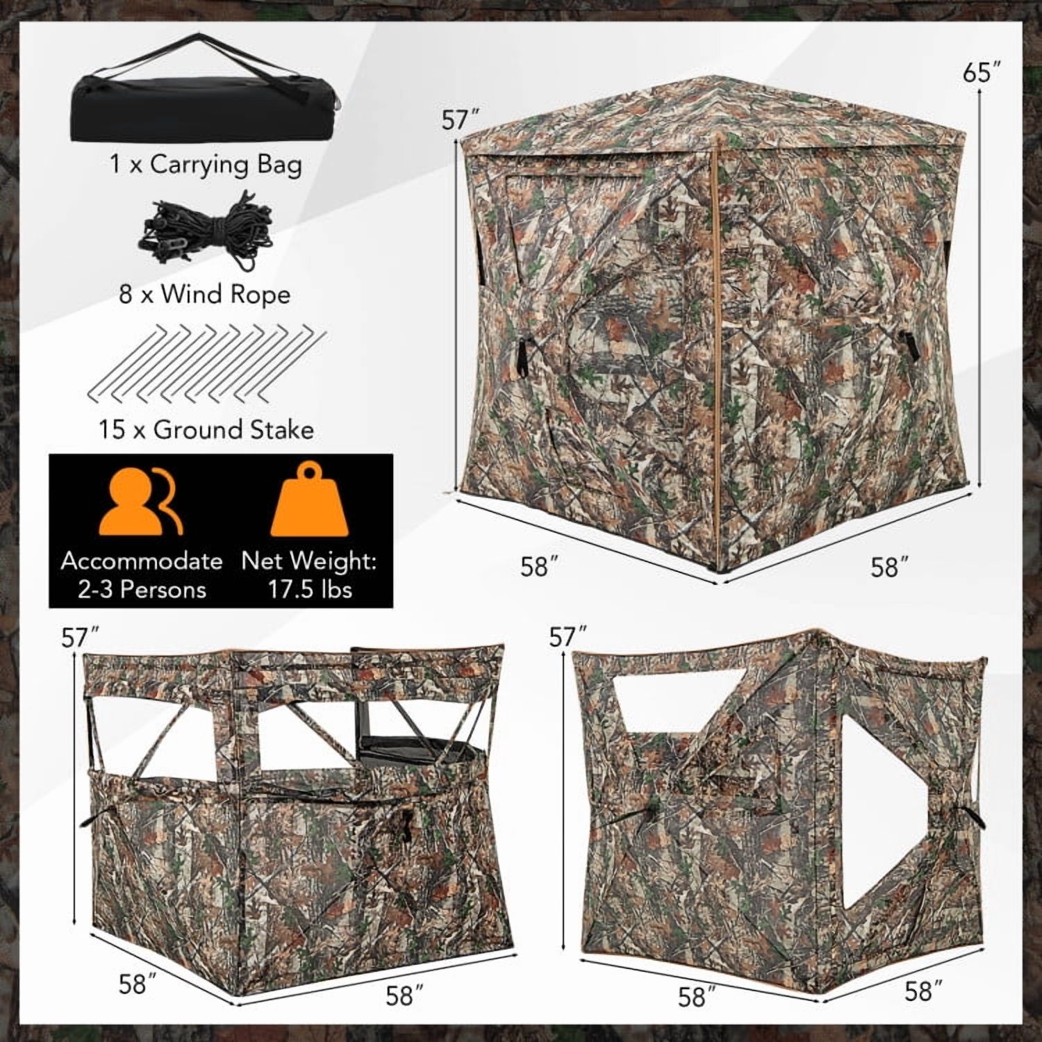 Topcobe 5-IN-1 Detachable Hunting Blind for 2-3 People with Skylight, Waterproof Camping Tents Easy Setup