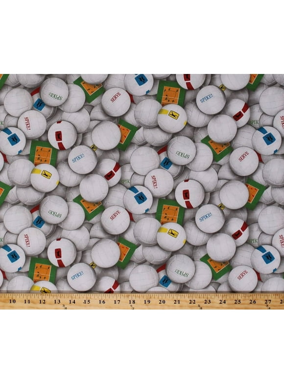 Cotton Sports Volleyball Balls Spike Serve Fabric Print by the Yard Sport 216-White
