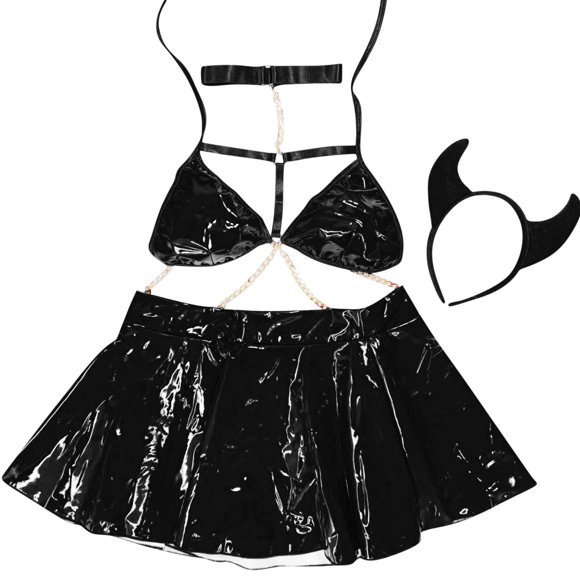 Tnhcpk Bikini sous-Vêtements pour Femmes Chaîne en Métal Col Suspendu Ensemble de Lingerie en Peau Laquée pour Femmes Vêtements de Nuit Coquins Pyjamas pour Filles Noir