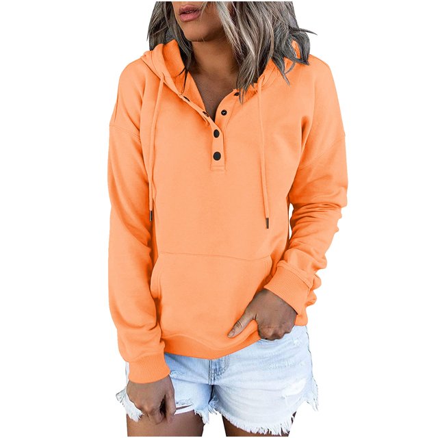 Women's Solid Color Long Sleeve Casual Hooded Sweatshirt With Female Button Buttons And Drawstring Pockets