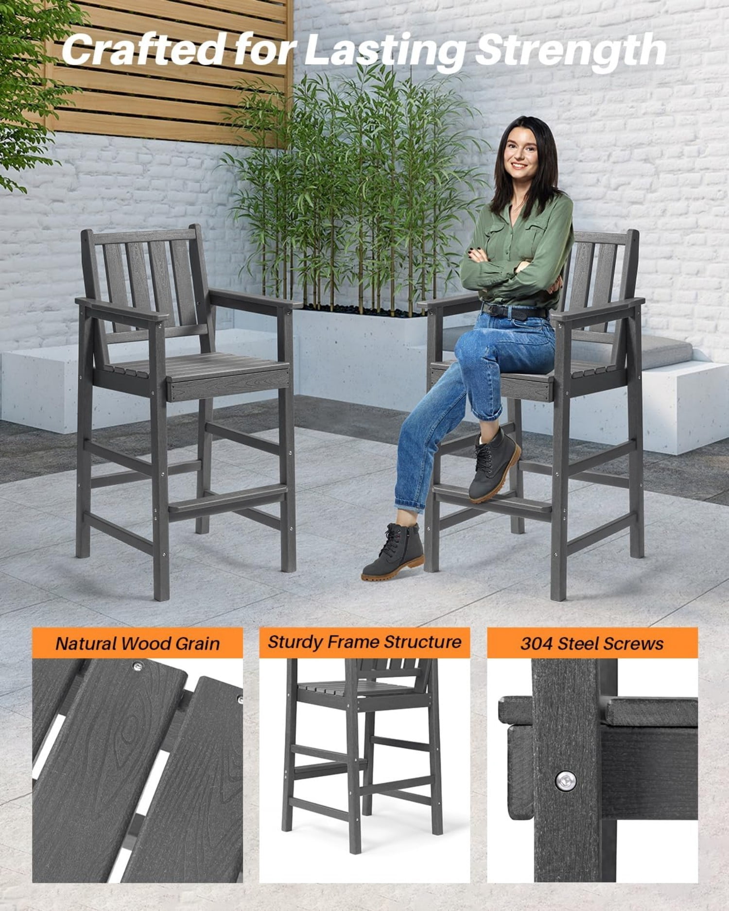 Adirondack Bar Chair Set of 2, HDPE Outdoor Bar Stools with Footrest, All Weather Adirondack Bar Height Chairs for Patio, Balcony, Porch, Deck, Poolside, Smoke Gray