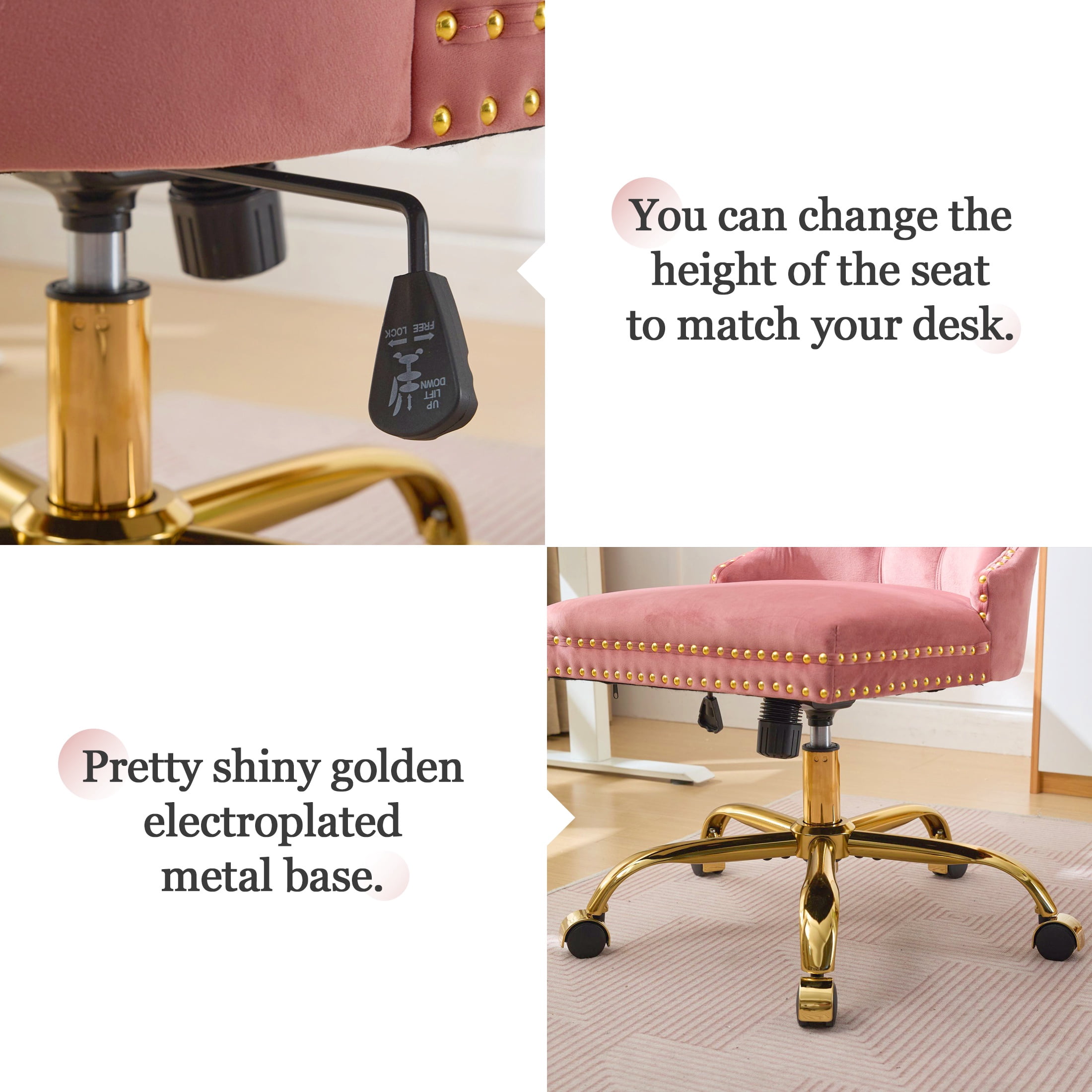 PAPROOS Vanity Chair, Swivel Home Office Chair, Ergonomic Home Desk Chair with Golden Metal Base, Adjustable Height, Velvet Upholstered Tufted Button Task Chair, Pink