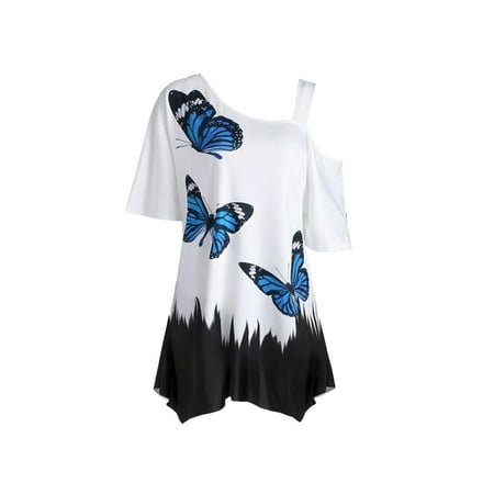 - Women's One Shoulder Floral Short Sleeve T-Shirt