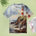 thumbnail image 4 of Lighthouse Sunrise Coast Scenery Pale Blue Tan Womens Tops Women's Fashion Casual Short Sleeve Flower Print Round Neck Pullover Top Blouse, 4 of 6
