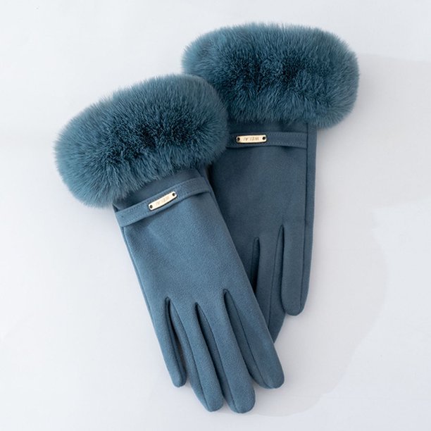 Guantes de invierno para mujer con forro polar grueso, lindos, a prueba de viento, de felpa de terciopelo, guantes de piel de conejo para montar y conducir, cálidos con pantalla táctil