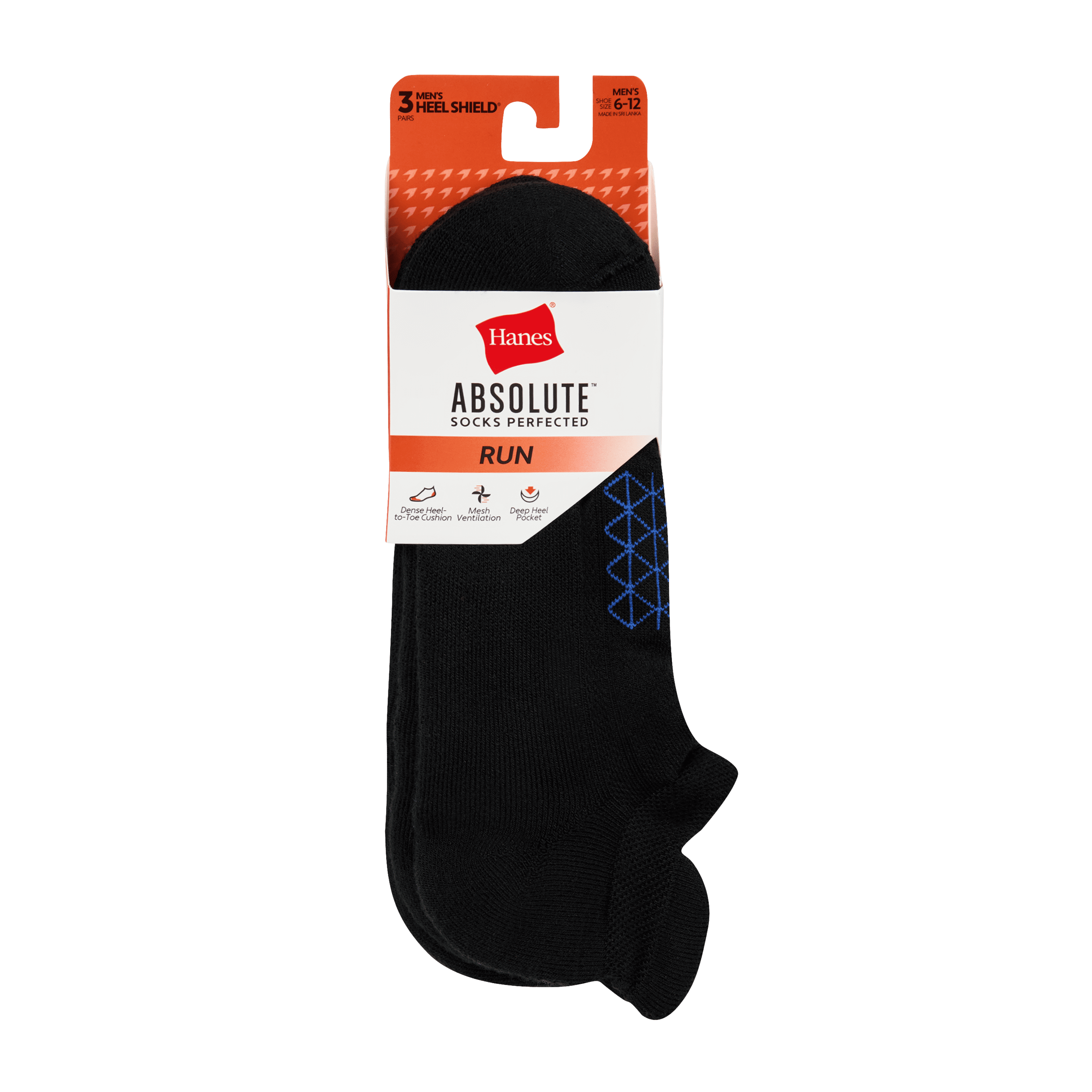 Hanes Mens No-Show Socks Value Pack, 3-Pack, Absolute Run No-Show Socks with Heel-Shield Tab, Moisture-Wicking