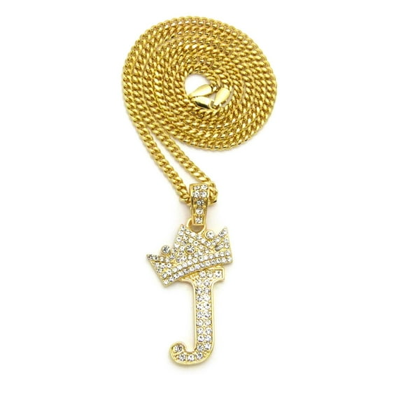 Stone Stud Allover Tilted Crown Initial J Pendant w/ 3mm 24" Cuban Chain Necklace, Gold-Tone