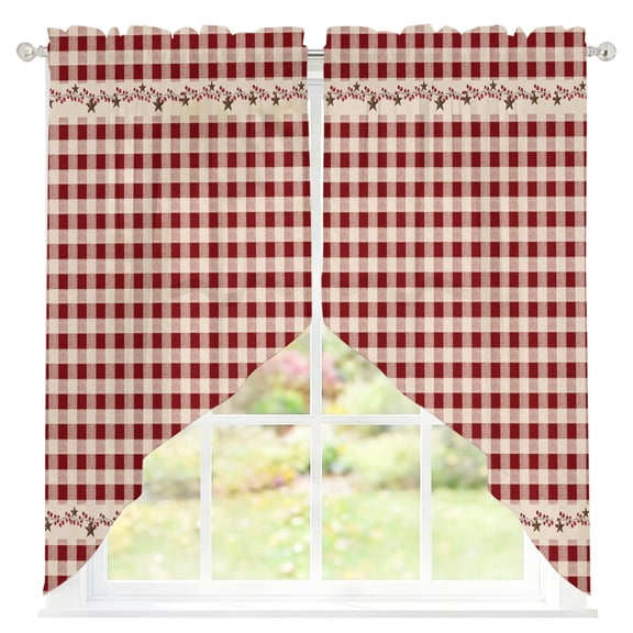 Farmhouse Berry Sheer Curtains Swag Valances for Windows Red Buffalo Plaid American Country Rustic Rod Pocket Swag Curtain Small Window Curtain for Kitchen Living Room Bedroom, 1 Pair 36"W x 45"L